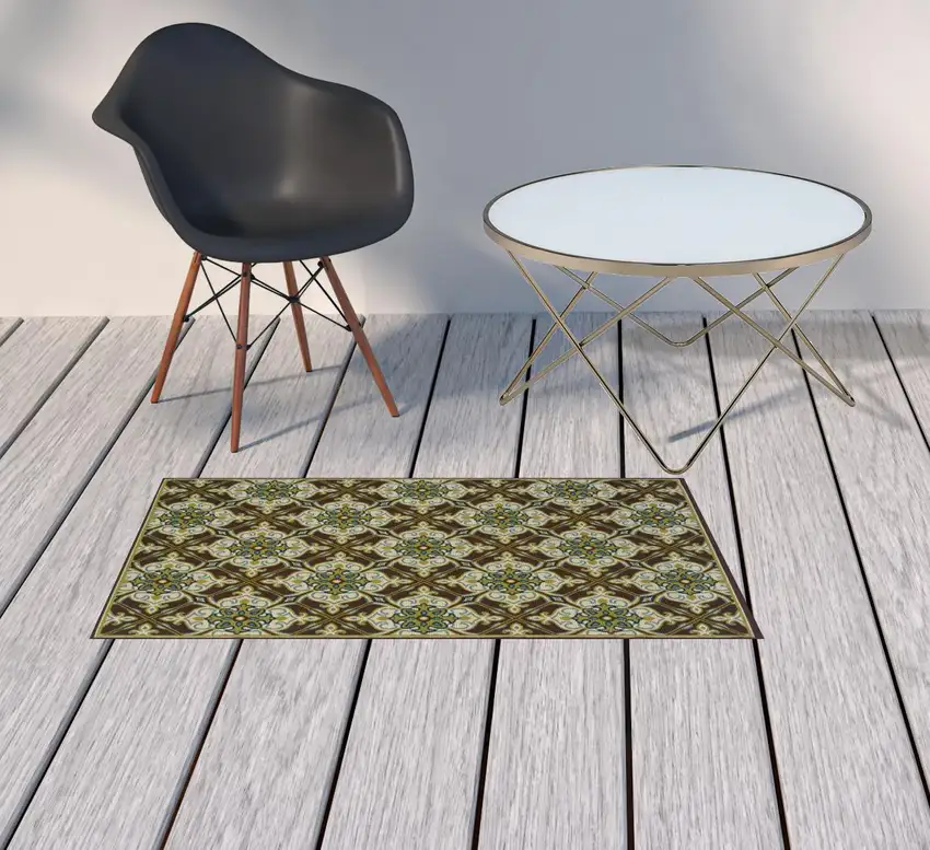 Brown Floral Stain Resistant Indoor Outdoor Area Rug Photo 2