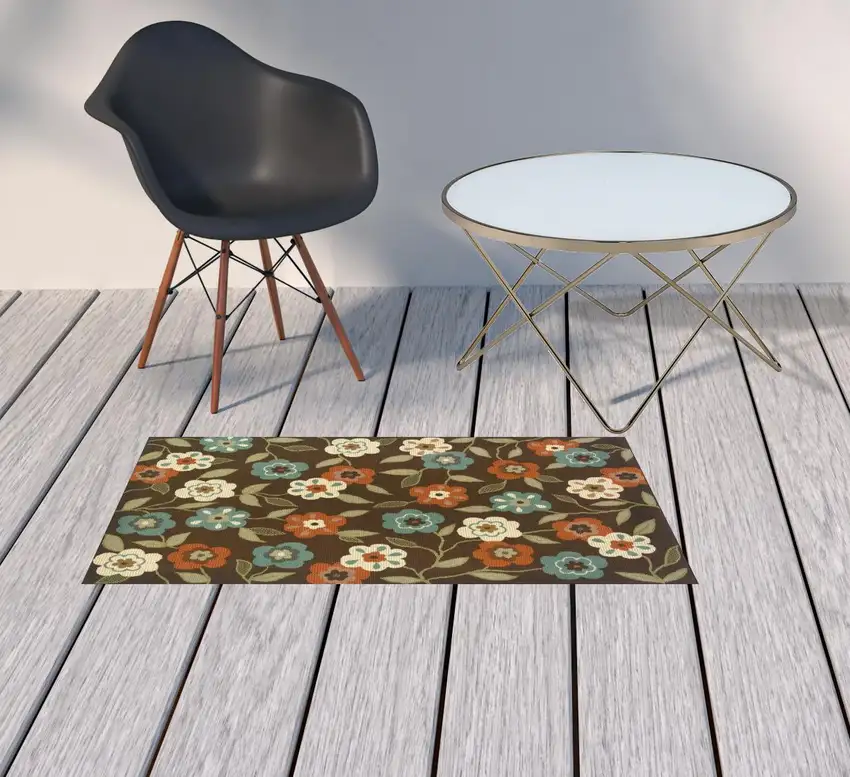 Brown Floral Stain Resistant Indoor Outdoor Area Rug Photo 2