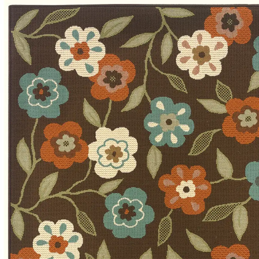 Brown and Ivory Floral Stain Resistant Indoor Outdoor Area Rug Photo 3