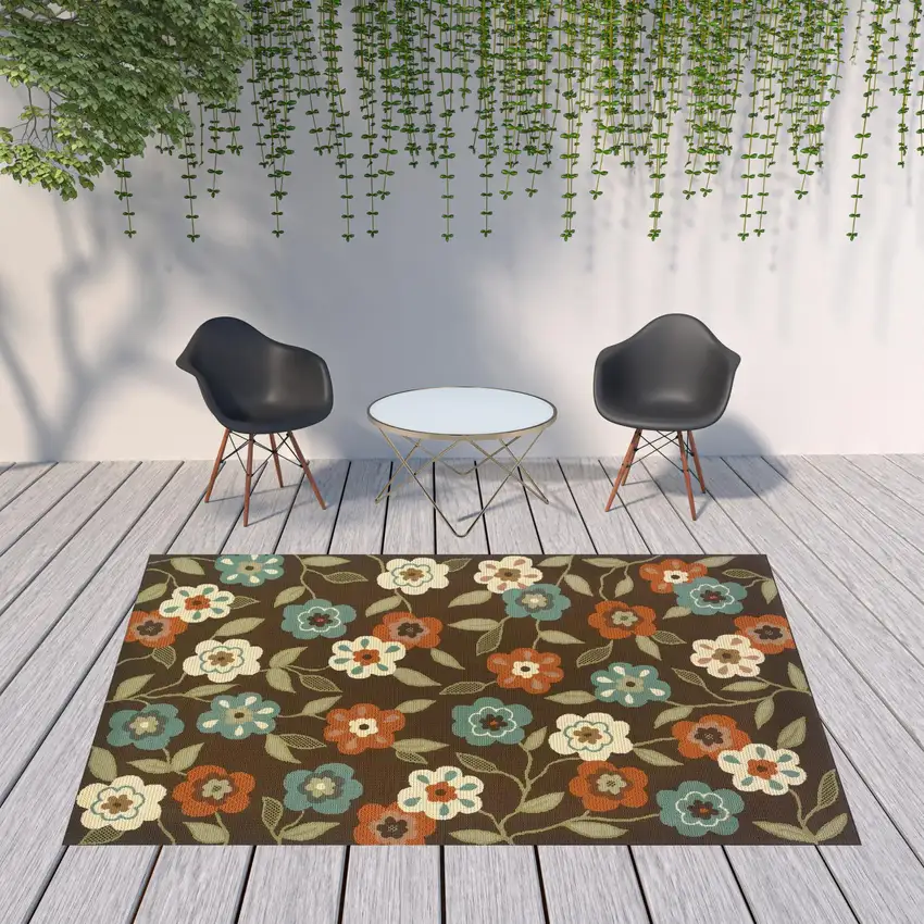 Brown Floral Stain Resistant Indoor Outdoor Area Rug Photo 2