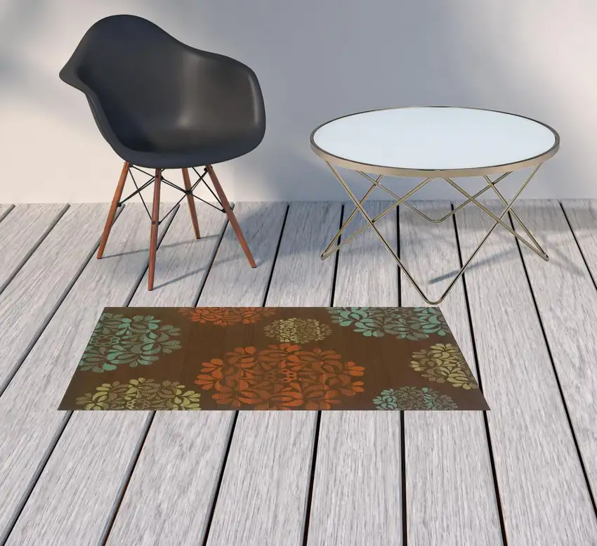 Brown Floral Stain Resistant Indoor Outdoor Area Rug Photo 2