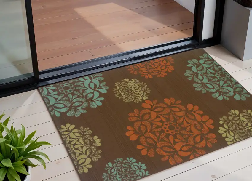 Brown Floral Stain Resistant Indoor Outdoor Area Rug Photo 1