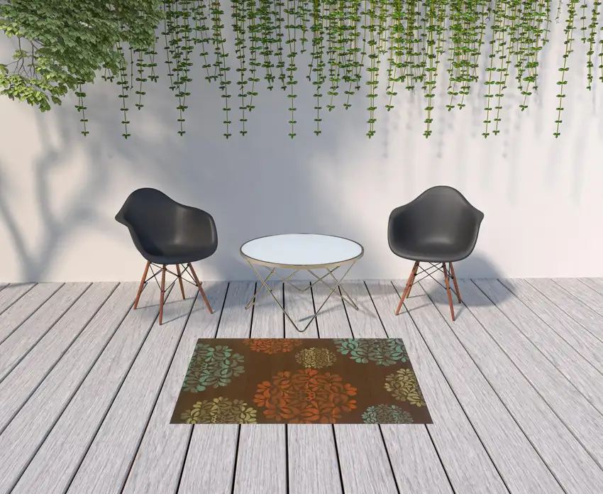 Brown Floral Stain Resistant Indoor Outdoor Area Rug Photo 2