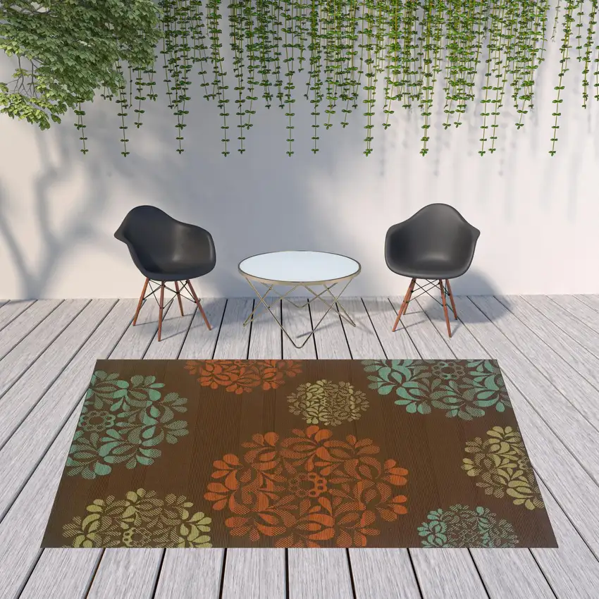 Brown Floral Stain Resistant Indoor Outdoor Area Rug Photo 2