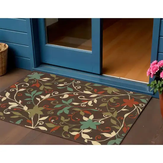 Brown Floral Stain Resistant Indoor Outdoor Area Rug Photo 1