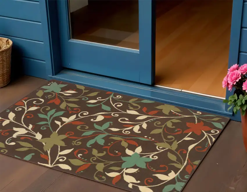 Brown Floral Stain Resistant Indoor Outdoor Area Rug Photo 1