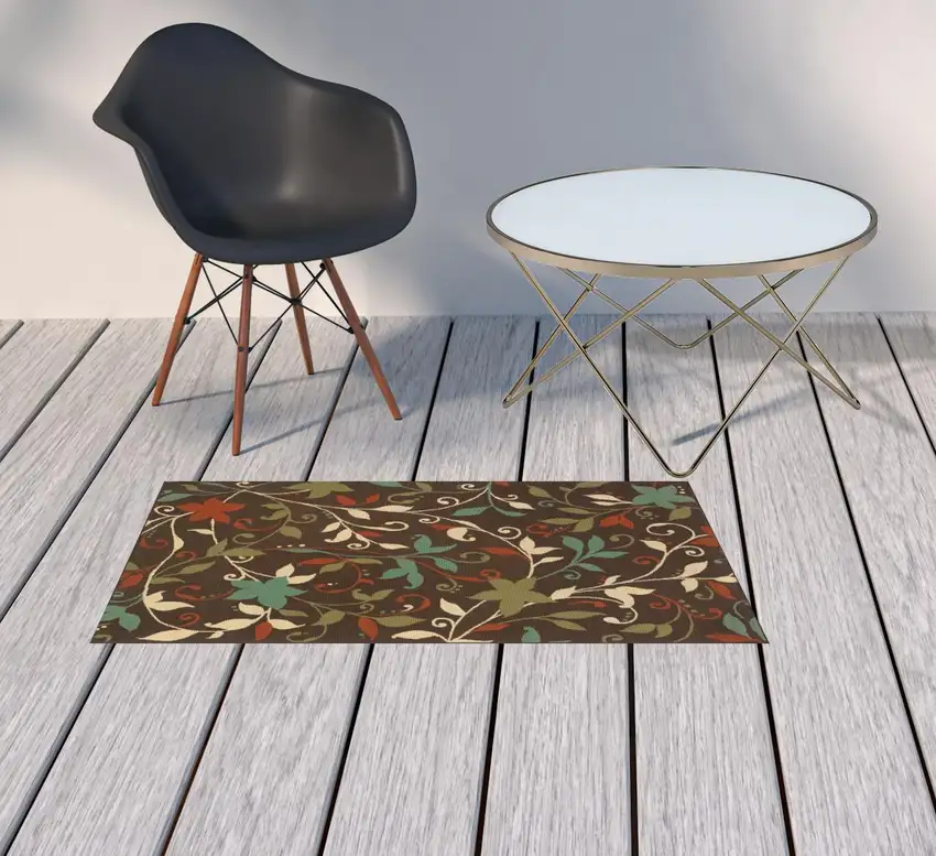 Brown Floral Stain Resistant Indoor Outdoor Area Rug Photo 2