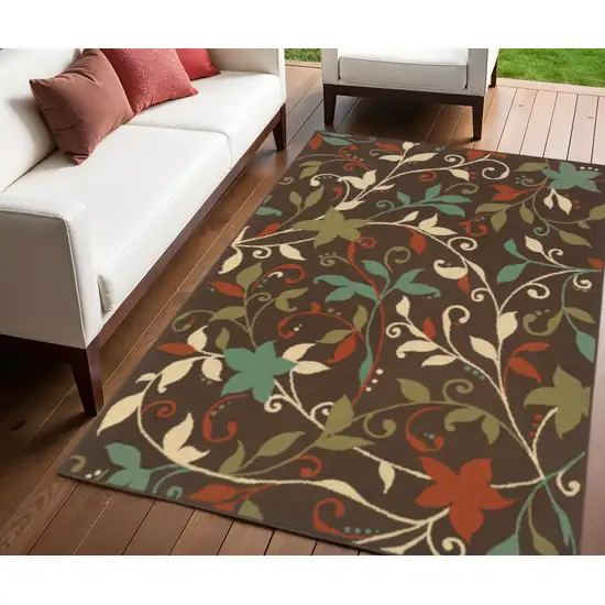 Brown Floral Stain Resistant Indoor Outdoor Area Rug Photo 1