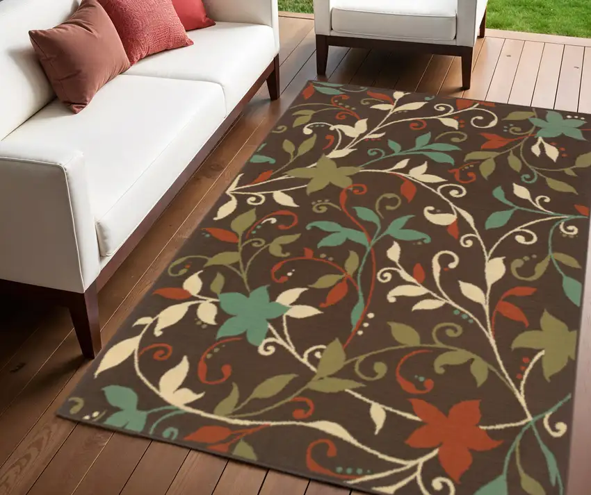Brown Floral Stain Resistant Indoor Outdoor Area Rug Photo 1