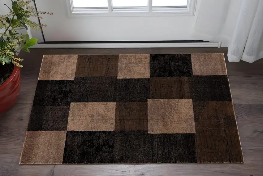 Brown Checkered Power Loom Area Rug Photo 1