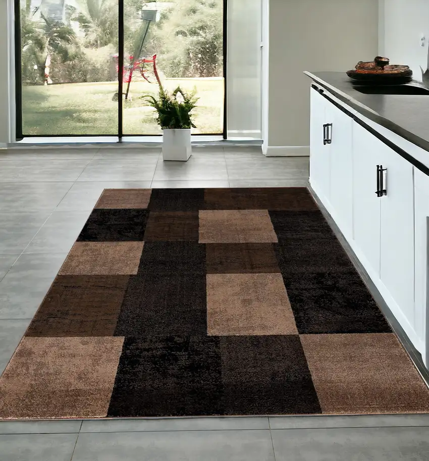 Brown Checkered Power Loom Area Rug Photo 1