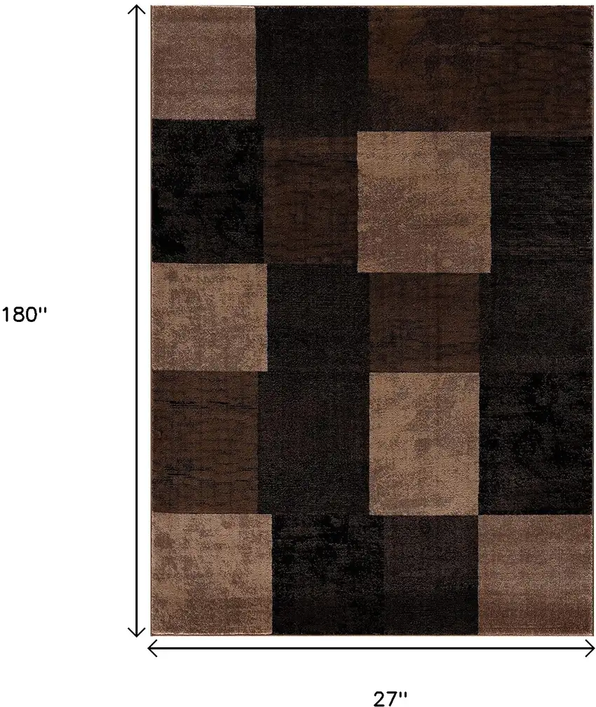 15' Brown And Black Geometric Distressed Runner Rug Photo 5