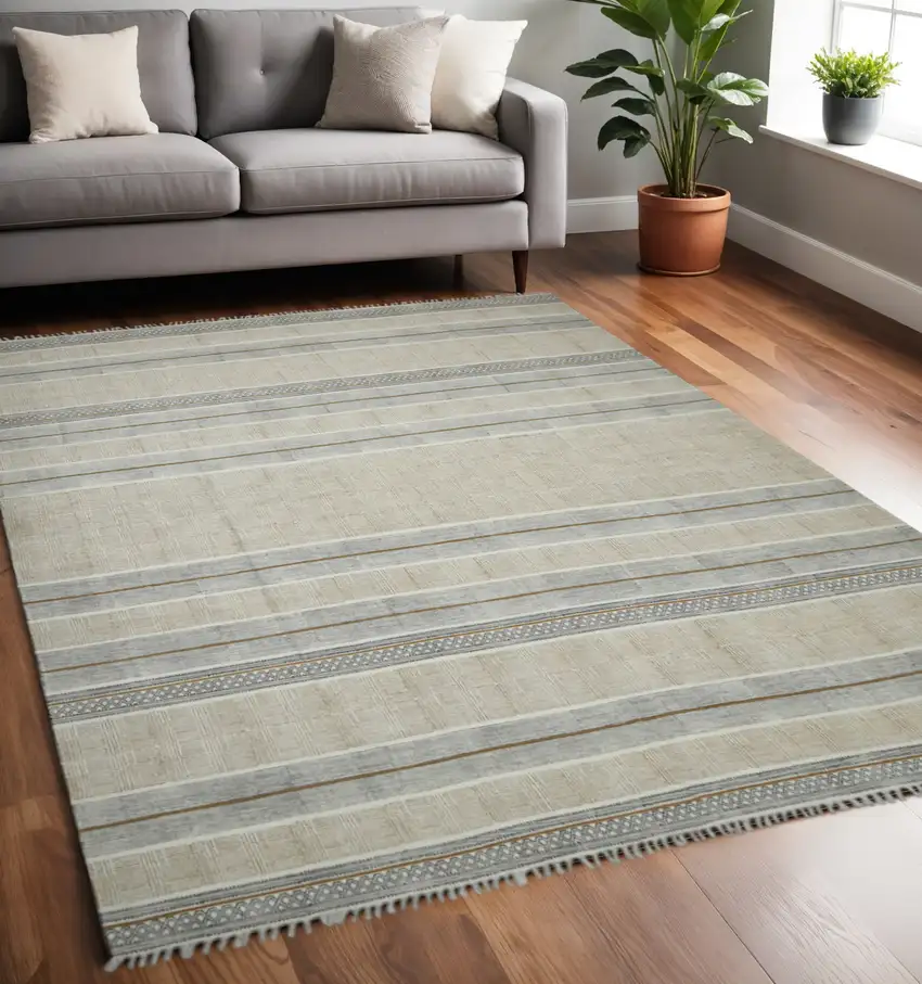 Gray And Brown Striped Flatweave Handmade Distressed Area Rug With Fringe Photo 1