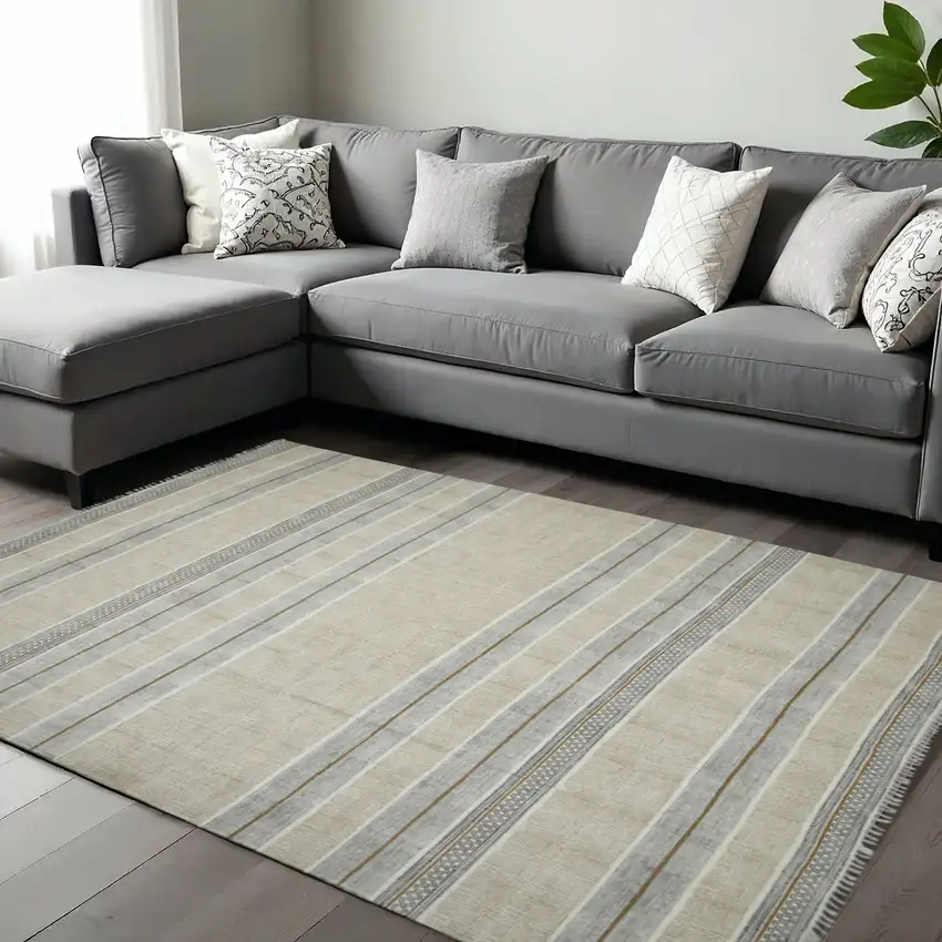 Gray And Brown Striped Flatweave Handmade Distressed Area Rug With Fringe Photo 1