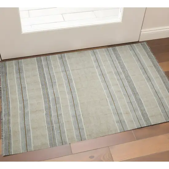 Gray And Brown Striped Flatweave Handmade Distressed Area Rug With Fringe Photo 1