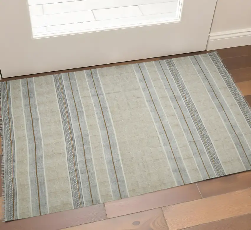 Gray And Brown Striped Flatweave Handmade Distressed Area Rug With Fringe Photo 1