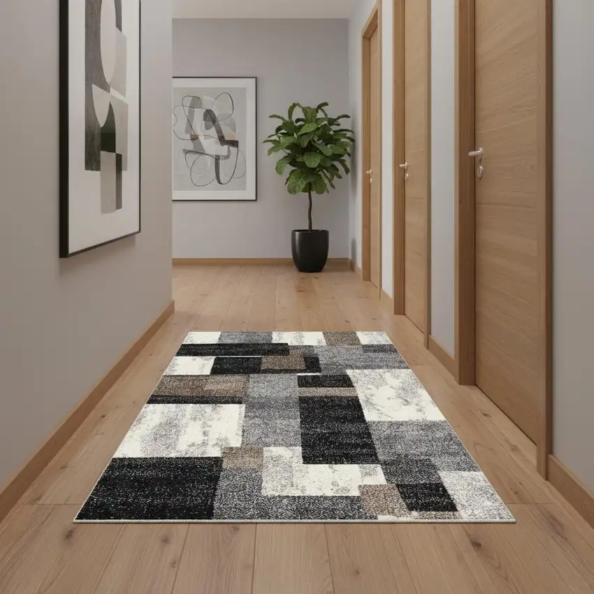 13' Brown And Ivory Geometric Shag Runner Rug Photo 1