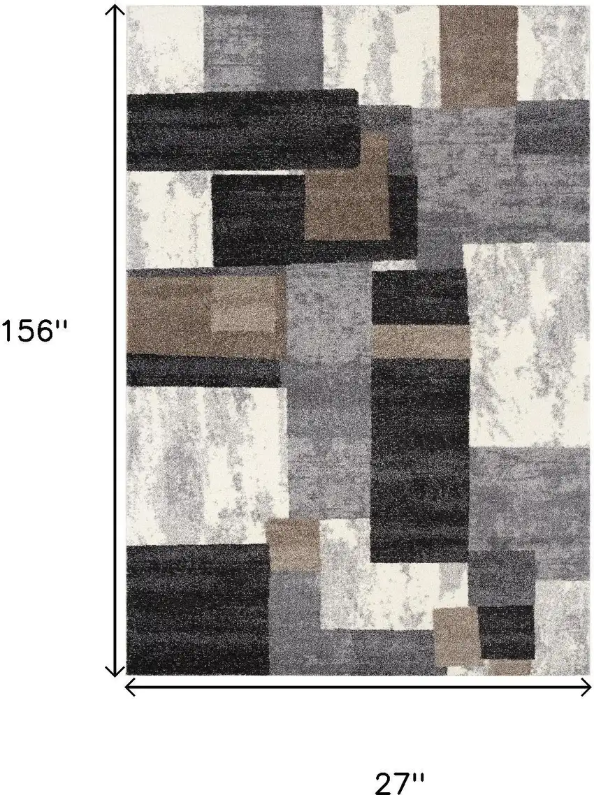 13' Brown And Ivory Geometric Shag Runner Rug Photo 3