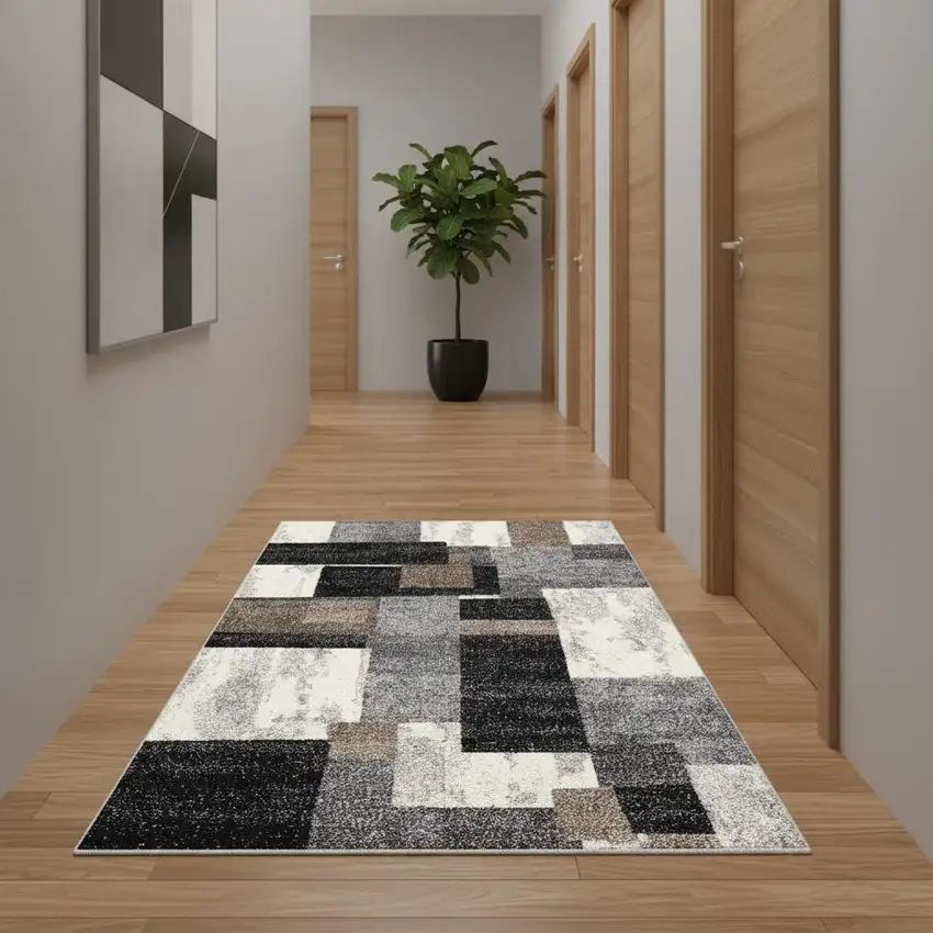 15' Brown And Ivory Geometric Shag Runner Rug Photo 1