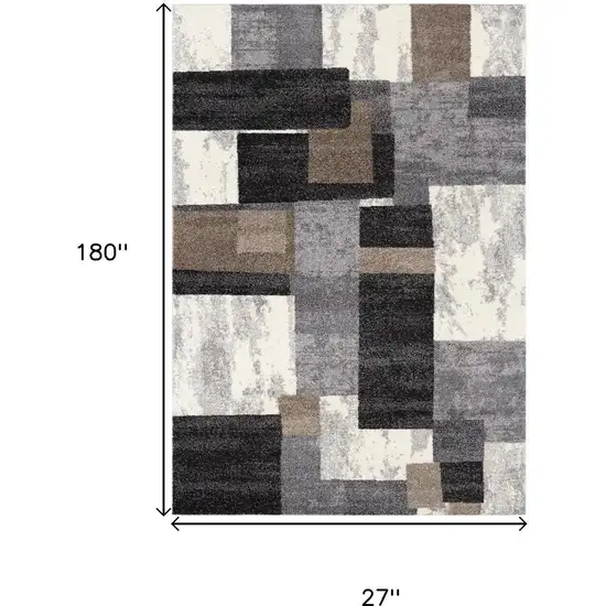 15' Brown And Ivory Geometric Shag Runner Rug Photo 3