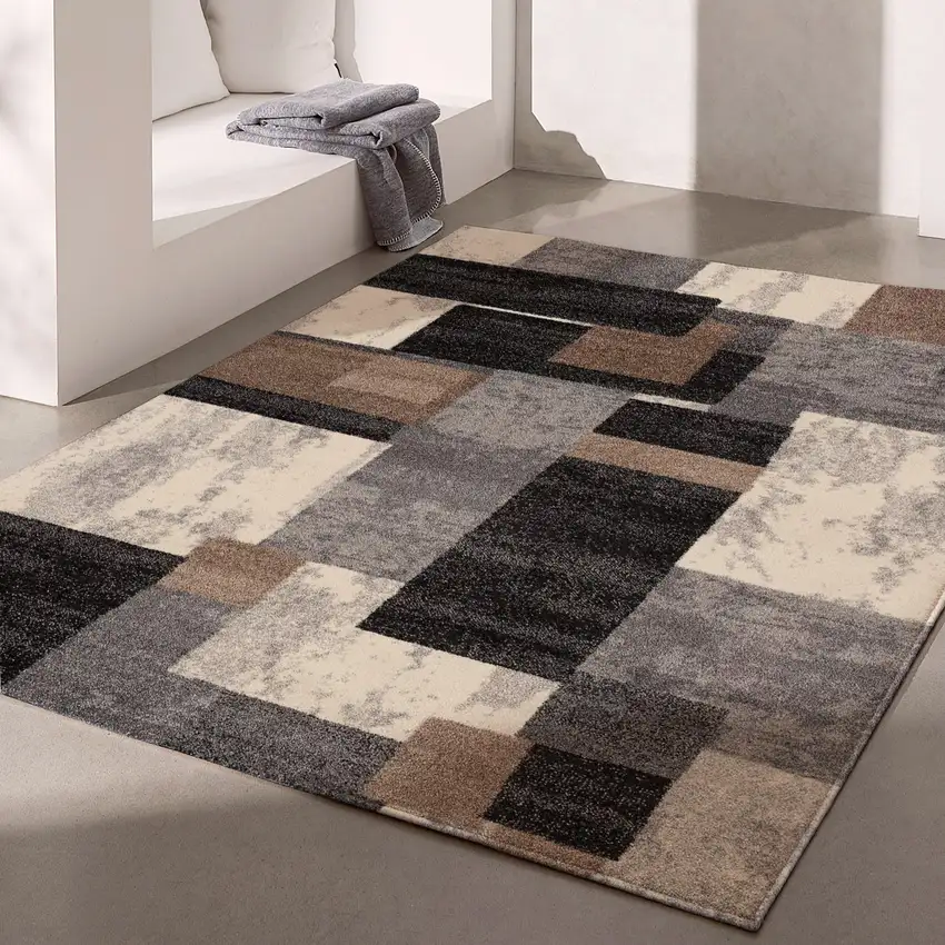 20' Brown And Ivory Geometric Shag Runner Rug Photo 8