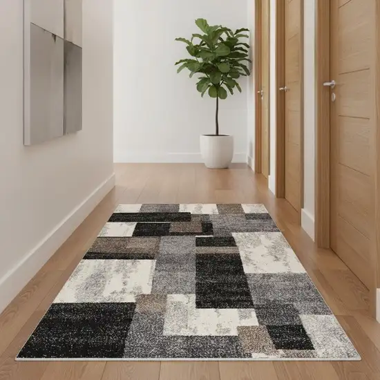 20' Brown And Ivory Geometric Shag Runner Rug Photo 1