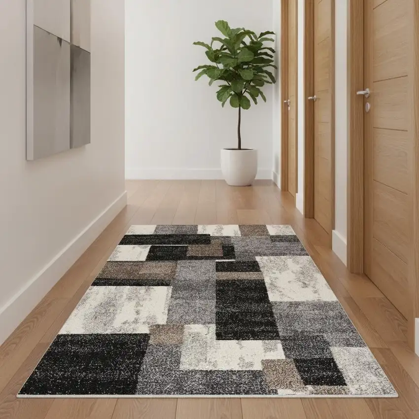 20' Brown And Ivory Geometric Shag Runner Rug Photo 1