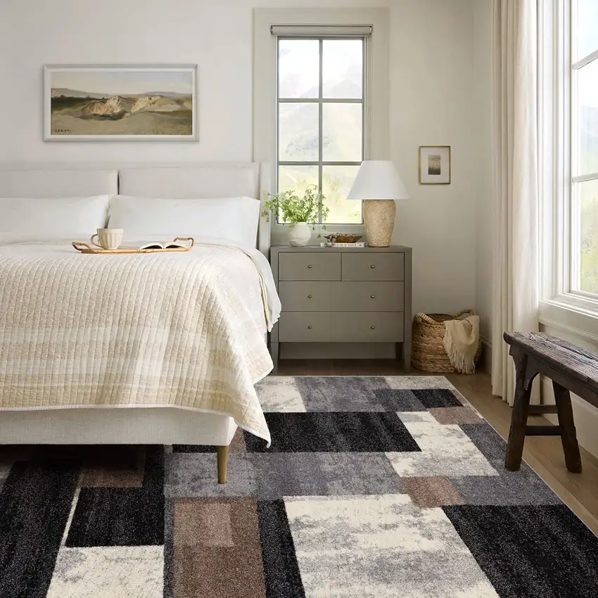 20' Brown And Ivory Geometric Shag Runner Rug Photo 7