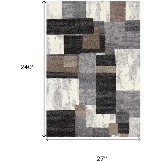 20' Brown And Ivory Geometric Shag Runner Rug Photo 3