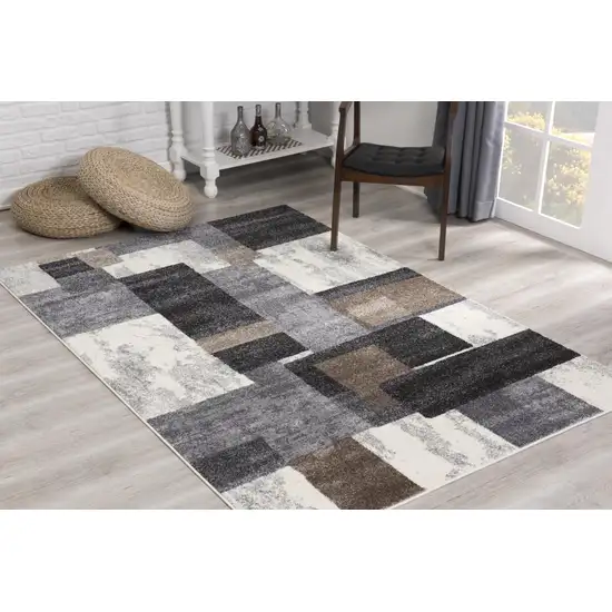 20' Brown And Ivory Geometric Shag Runner Rug Photo 6