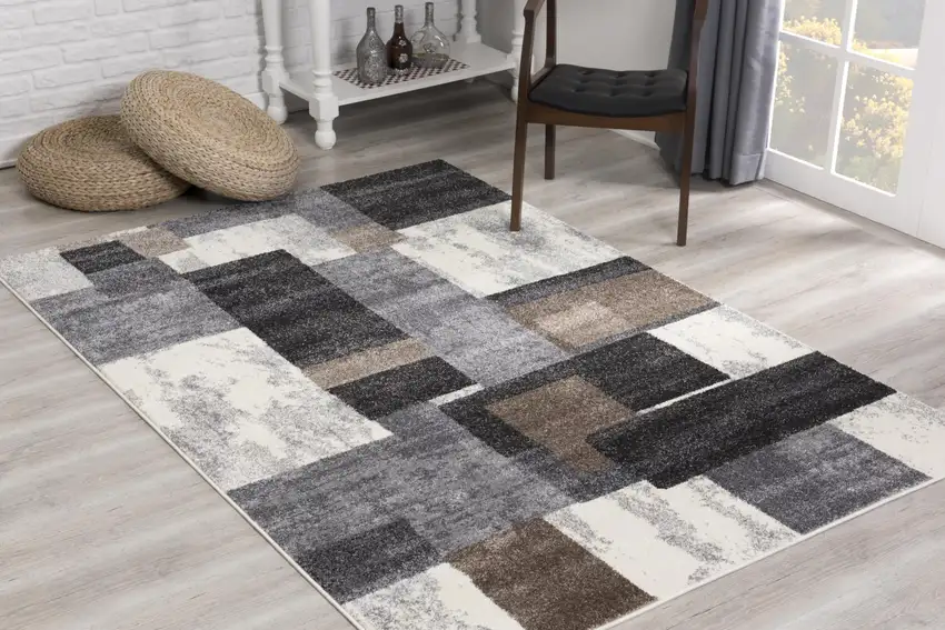 20' Brown And Ivory Geometric Shag Runner Rug Photo 6