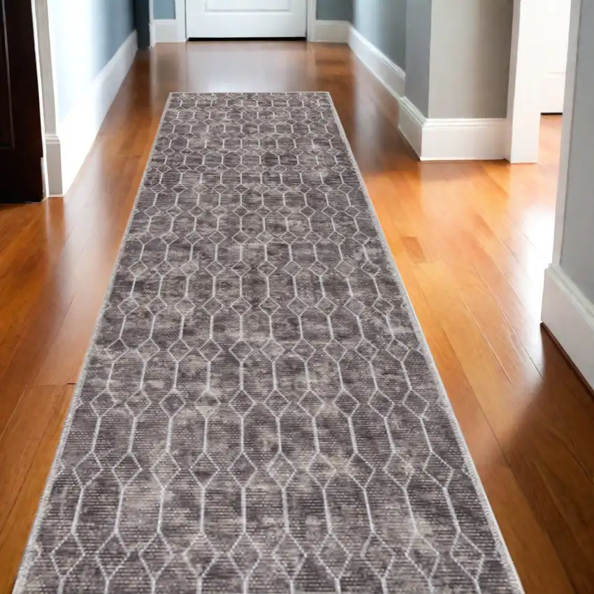 Brown Geometric Power Loom Washable Runner Rug Photo 2