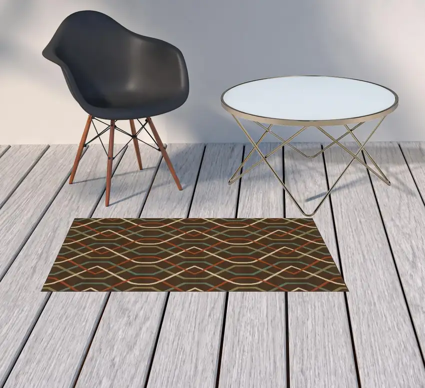 Brown Geometric Stain Resistant Indoor Outdoor Area Rug Photo 2