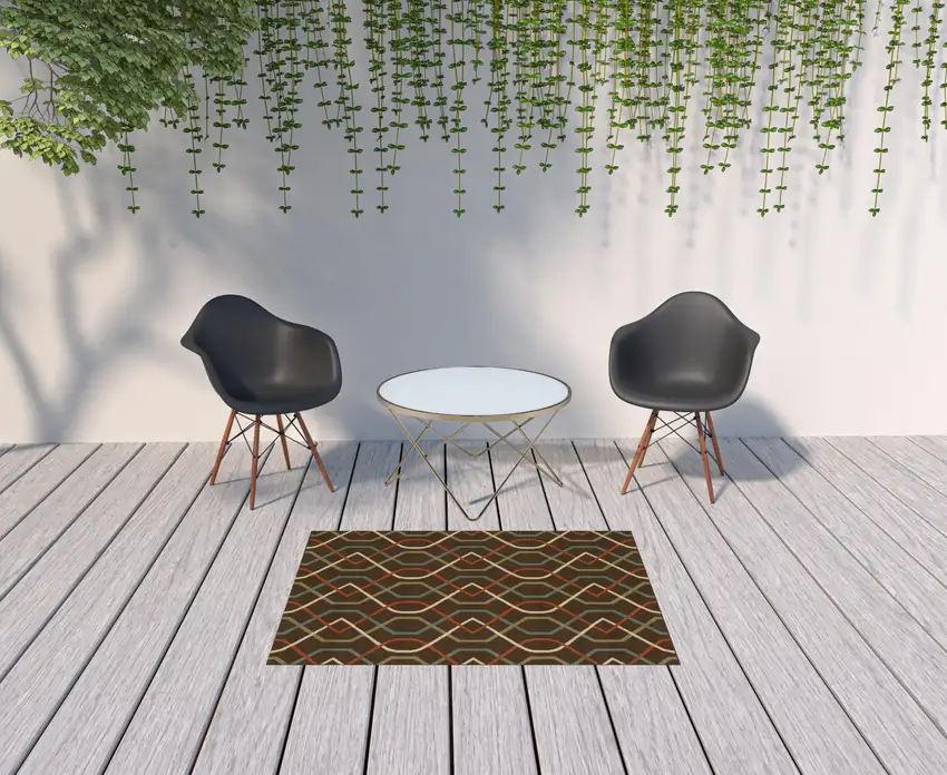 Brown Geometric Stain Resistant Indoor Outdoor Area Rug Photo 2