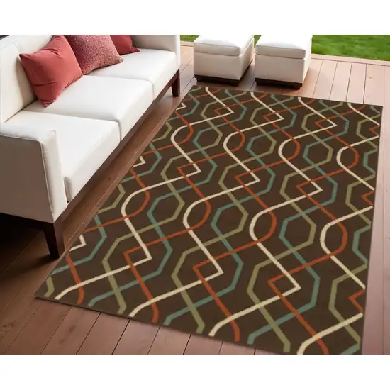 Brown and Ivory Geometric Stain Resistant Indoor Outdoor Area Rug Photo 1