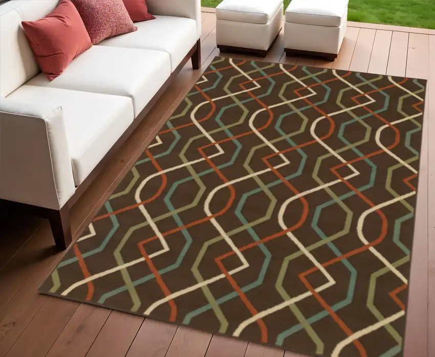 Brown and Ivory Geometric Stain Resistant Indoor Outdoor Area Rug Photo 1