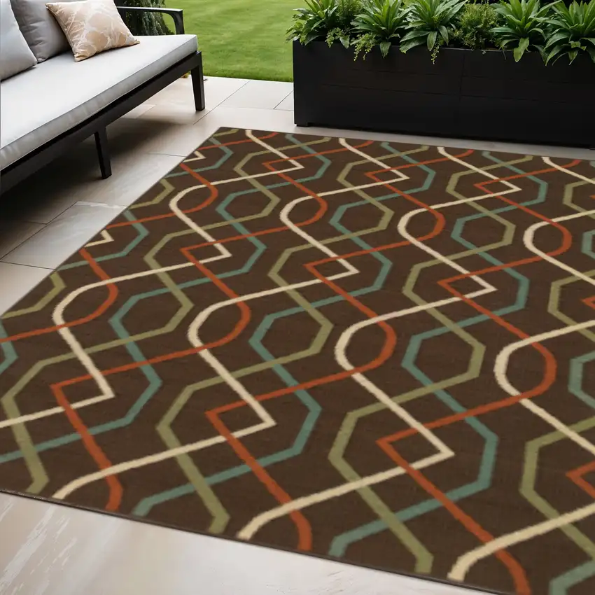 Brown and Ivory Geometric Stain Resistant Indoor Outdoor Area Rug Photo 1