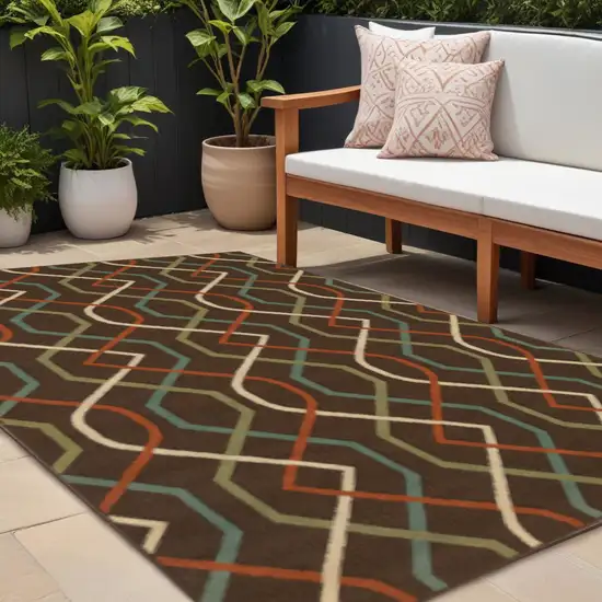 Brown and Ivory Geometric Stain Resistant Indoor Outdoor Area Rug Photo 1