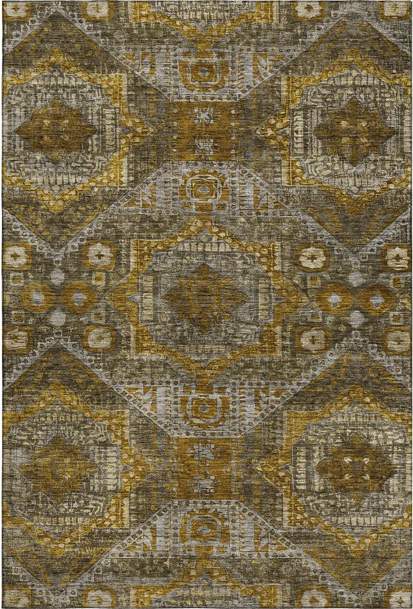 Brown Gold And Beige Abstract Geometric Washable Area Rug With UV Protection Photo 1