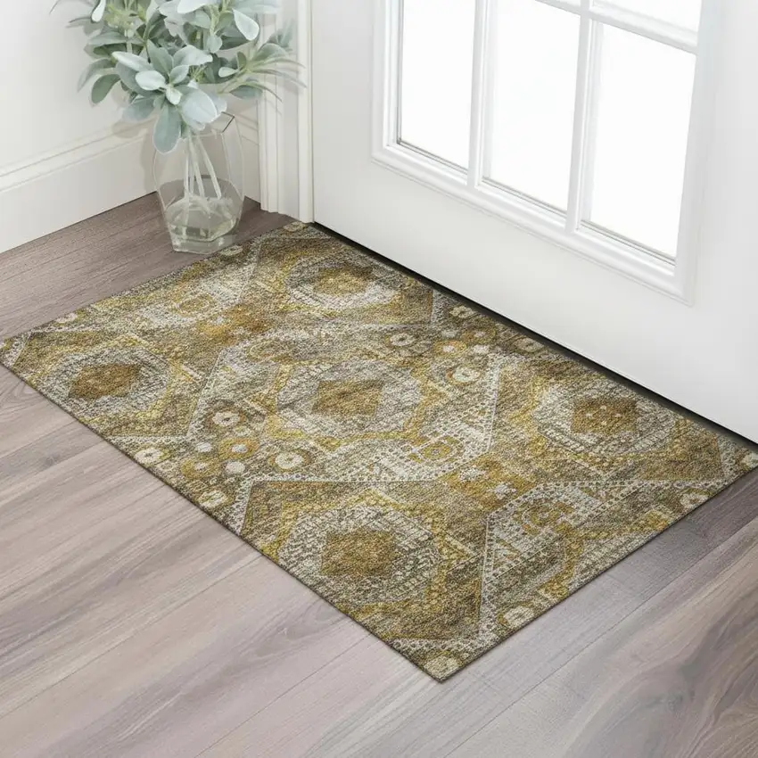 Brown Gold And Beige Abstract Geometric Washable Area Rug With UV Protection Photo 1