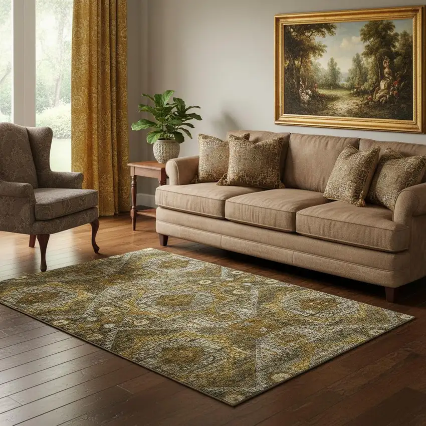 Brown Gold And Beige Abstract Geometric Washable Area Rug With UV Protection Photo 2