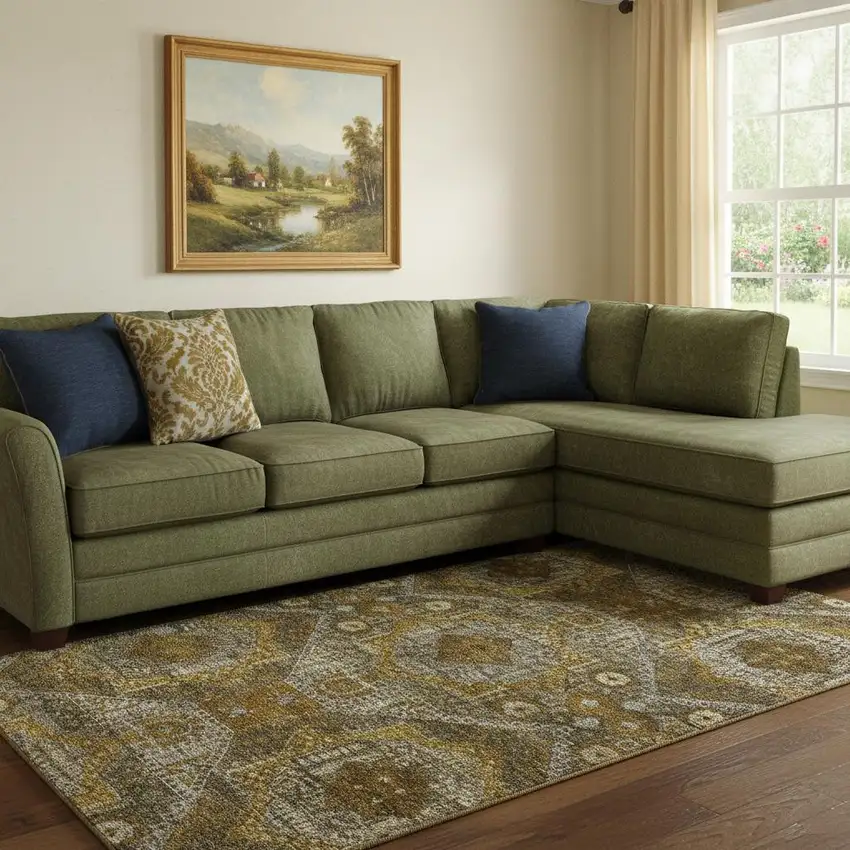 Brown Gold And Beige Abstract Geometric Washable Area Rug With UV Protection Photo 2