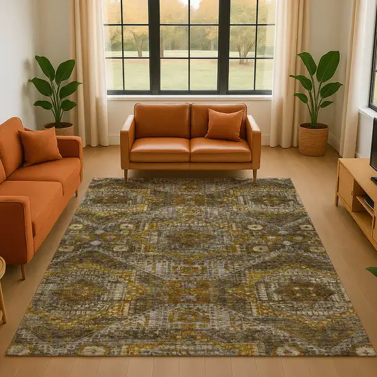 Brown Gold And Beige Abstract Geometric Washable Area Rug With UV Protection Photo 5