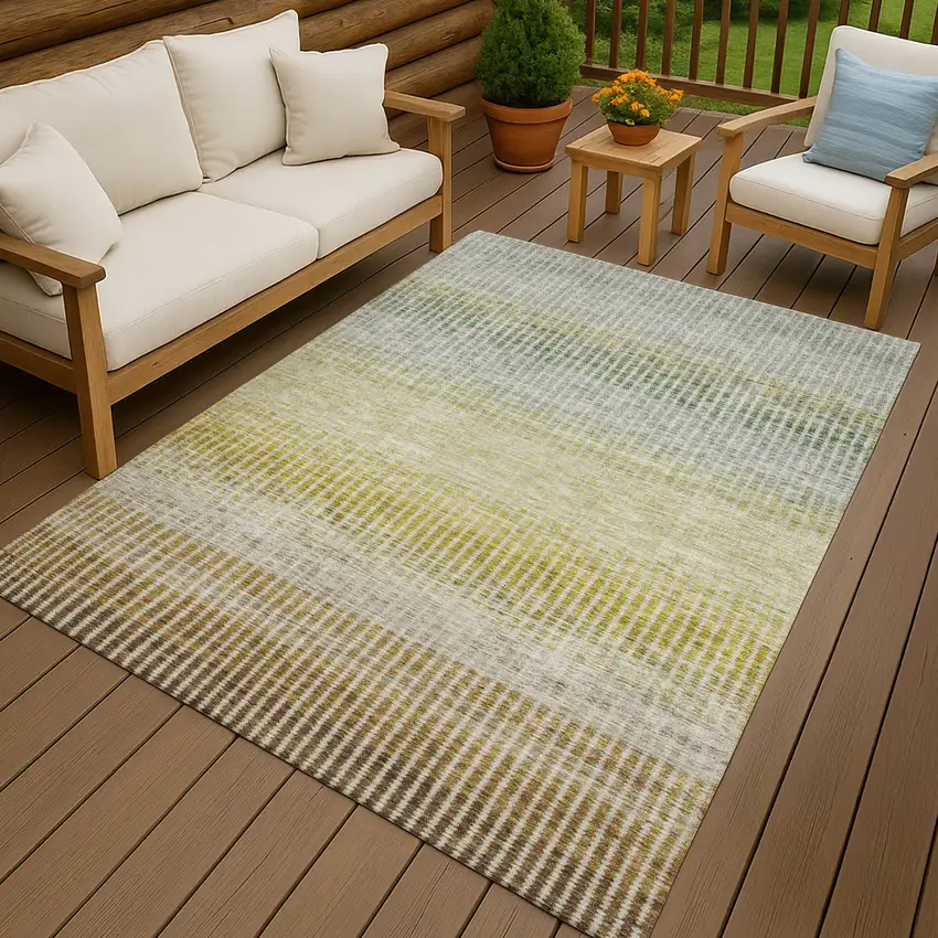Brown Gold And Beige Striped Washable Indoor Outdoor Area Rug Photo 9