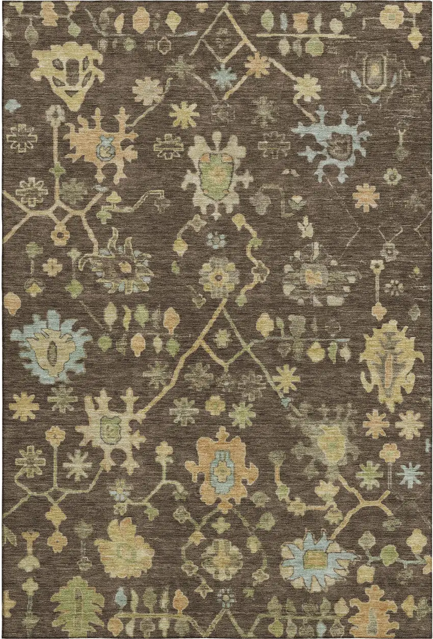Brown Gold And Blue Floral Washable Area Rug With UV Protection Photo 1