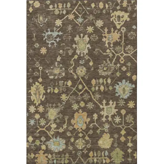 Brown Gold And Blue Floral Washable Area Rug With UV Protection Photo 4