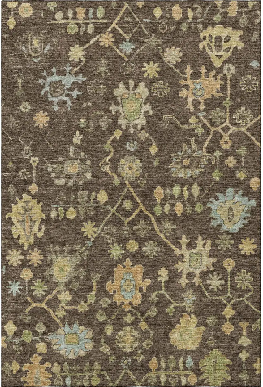 Brown Gold And Blue Floral Washable Area Rug With UV Protection Photo 4