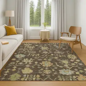 Photo of Brown Gold And Blue Floral Washable Area Rug With UV Protection