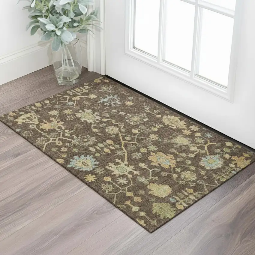 Brown Gold And Blue Floral Washable Area Rug With UV Protection Photo 2