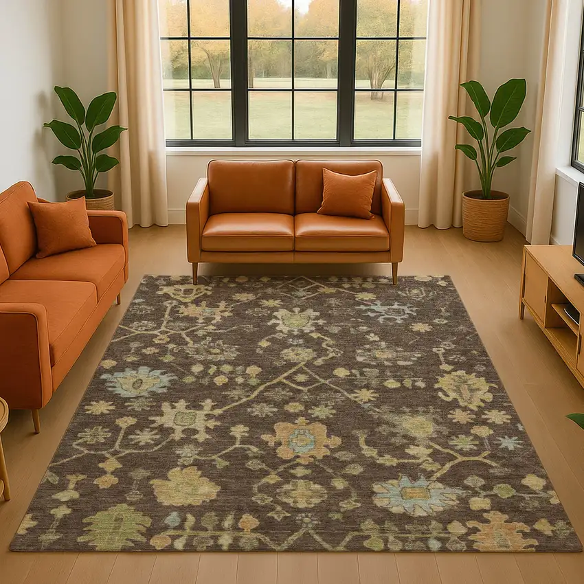Brown Gold And Blue Floral Washable Area Rug With UV Protection Photo 5